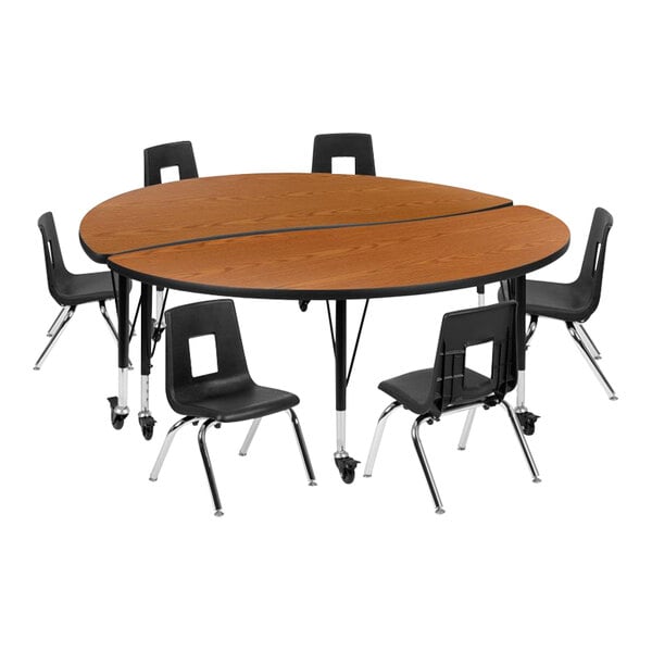 A Flash Furniture oak table with a black base and chairs with white square cutouts.