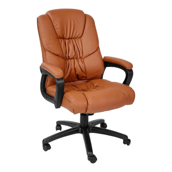 A brown Flash Furniture leather office chair with black arms.