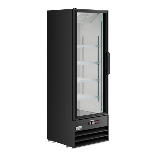 A black glass door merchandiser refrigerator with adjustable shelves and LED lighting.