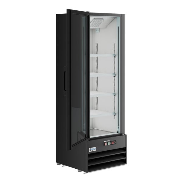A black left-hinged glass door merchandiser refrigerator with LED lighting and adjustable shelves.