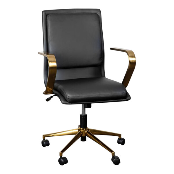 A Flash Furniture James black LeatherSoft mid-back office chair with brushed gold base and arms.