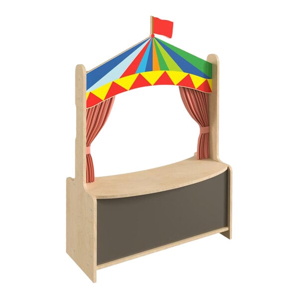 A Flash Furniture wooden puppet theater with removable colorful curtains.