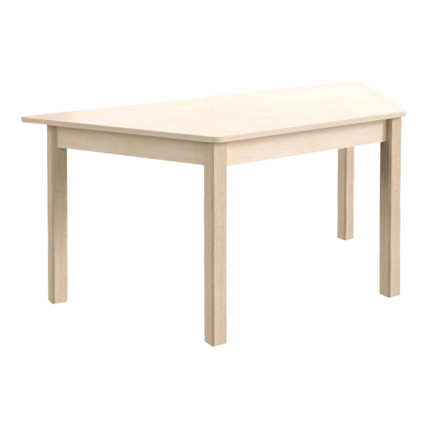 A white trapezoid table with wooden top and legs.