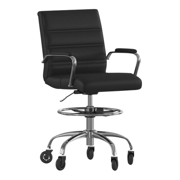 A Flash Furniture black leather mid-back office chair with chrome wheels.