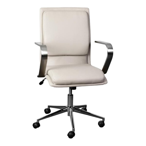 A taupe leather office chair with metal arms.