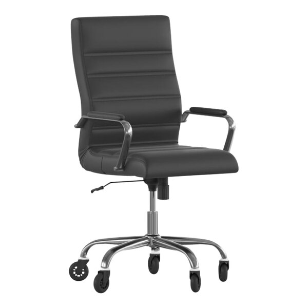 A Flash Furniture black leather office chair with chrome arms and wheels.