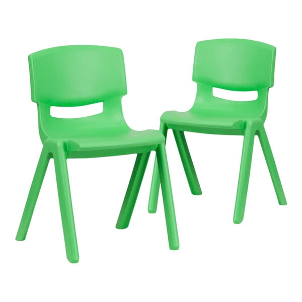 A pair of green plastic Flash Furniture Whitney stackable chairs.