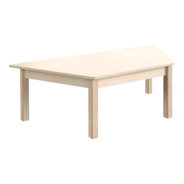 A white trapezoid wooden activity table with legs.