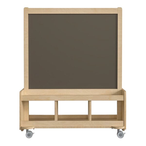 A wooden mobile double-sided art station with a wood shelf.