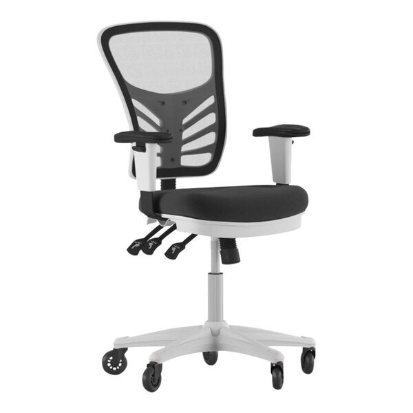 A black mesh mid-back office chair with adjustable arms and roller wheels, and a white base.