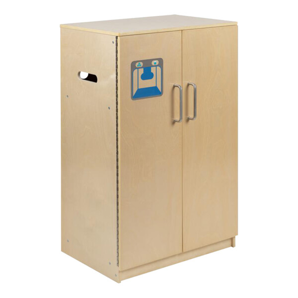 A Flash Furniture wooden play kitchen refrigerator with two doors and a blue handle.