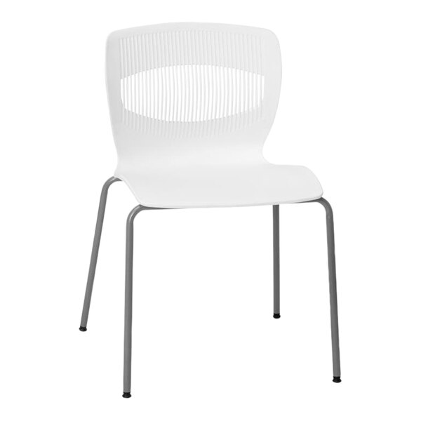 A white plastic Flash Furniture mid-back chair with metal legs.