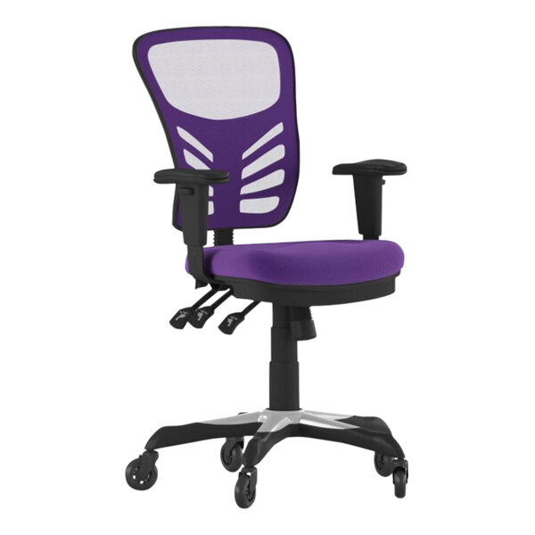 A purple Flash Furniture office chair with white mesh wings and black roller wheels.