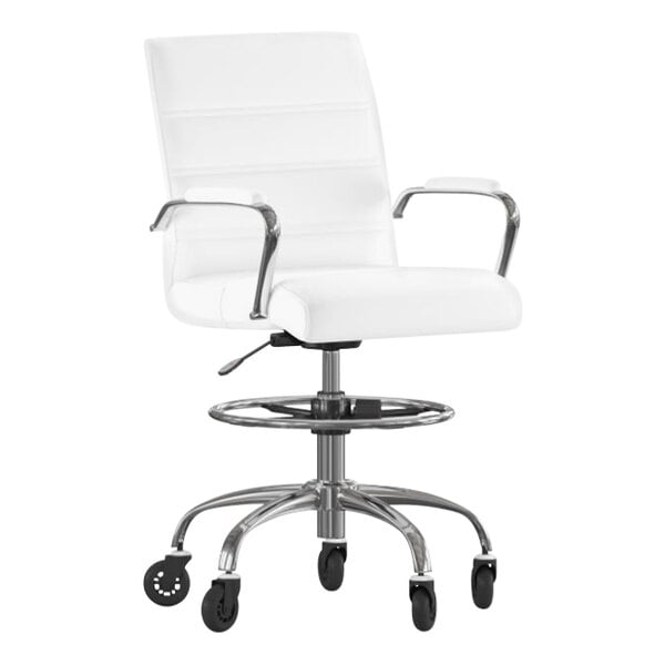 A white Flash Furniture office chair with a chrome base and wheels.