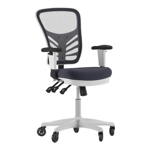 A Flash Furniture office chair with dark gray mesh seat and armrests on a white base with wheels.