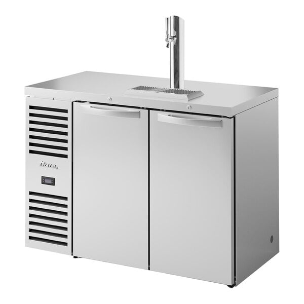 A stainless steel True beer dispenser with a tap.