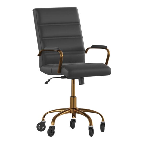 A black Flash Furniture office chair with gold legs and arms.