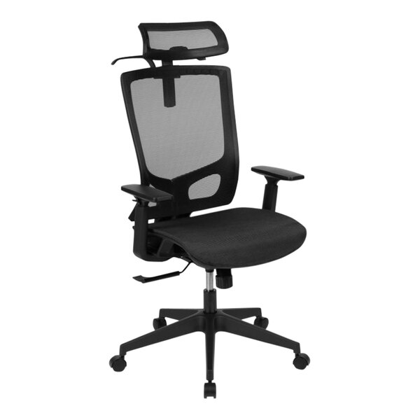 A black Flash Furniture office chair with mesh back and arms.