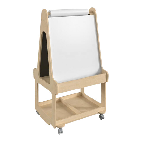 A wooden double-sided art station with a white board and wooden frame on one side.