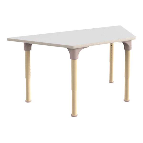 A white rectangular table with beige legs.