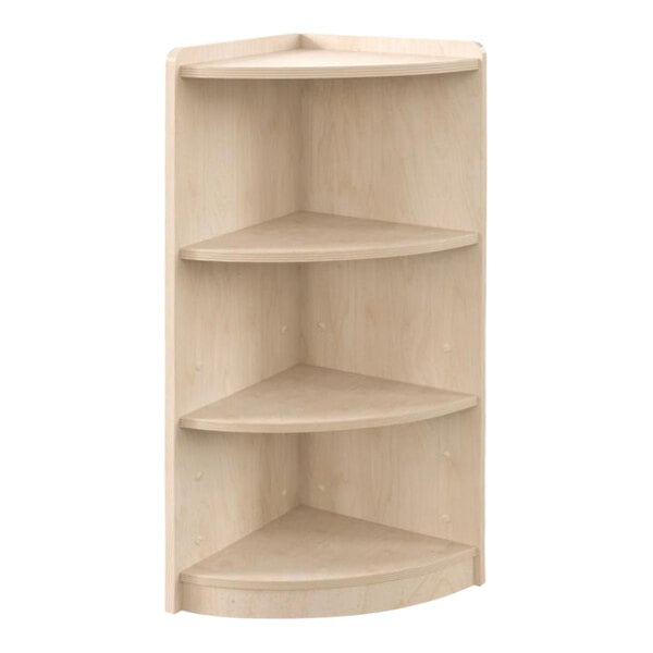 A Flash Furniture wooden corner storage unit with three shelves.