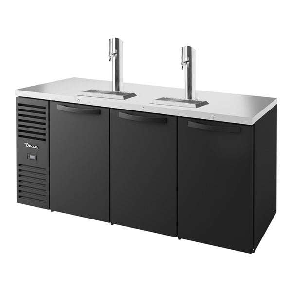 A black True beer kegerator with two taps.