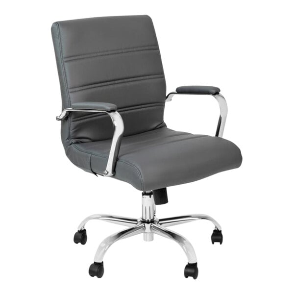 A Flash Furniture Whitney gray office chair with chrome arms and wheels.