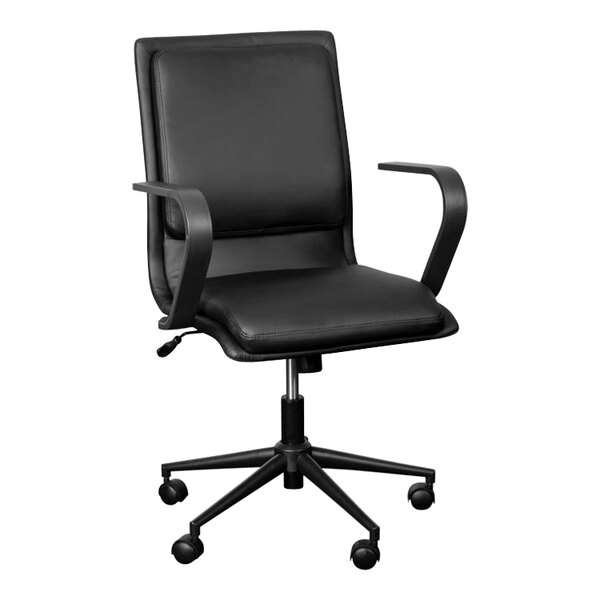 A Flash Furniture James black leather office chair with black metal base and armrests and wheels.