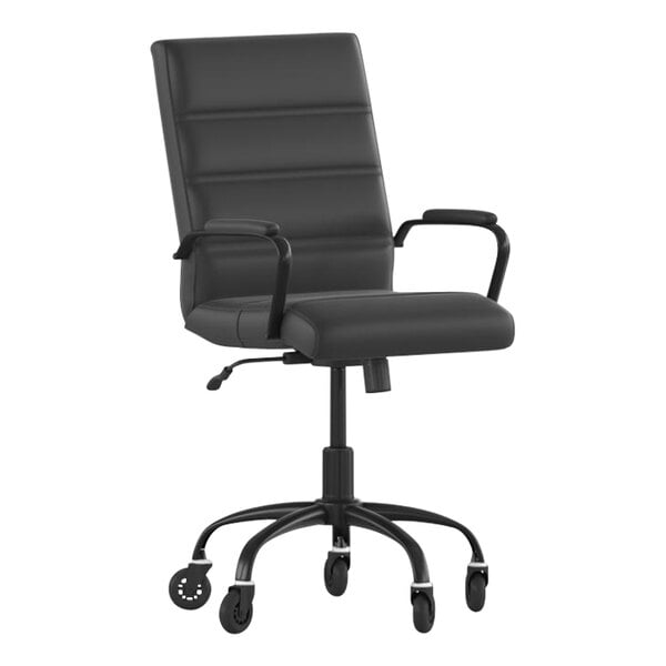 A Flash Furniture black leather office chair with arms and wheels.