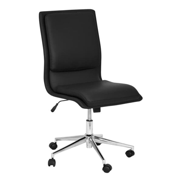 A Flash Furniture Madigan black leather office chair with a chrome base and wheels.