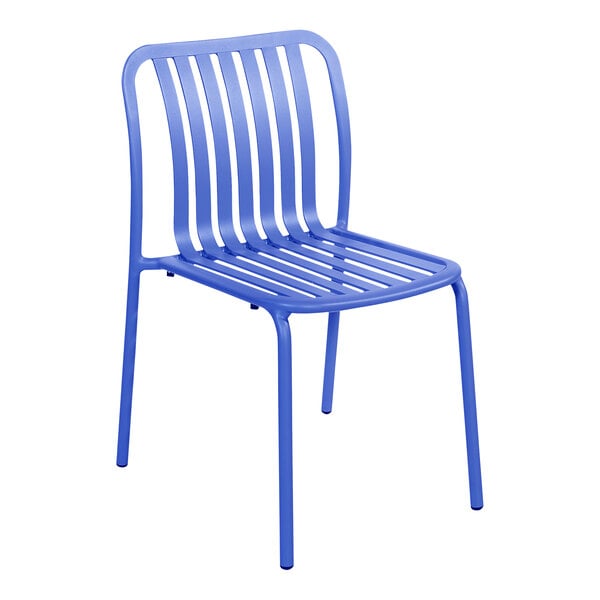 A BFM Seating blue aluminum chair with a slat back.