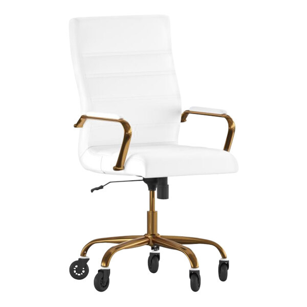 A Flash Furniture white leather office chair with gold arms and roller wheels.