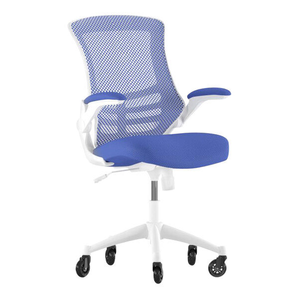 A Flash Furniture Kelista blue mesh office chair with white arms and frame.