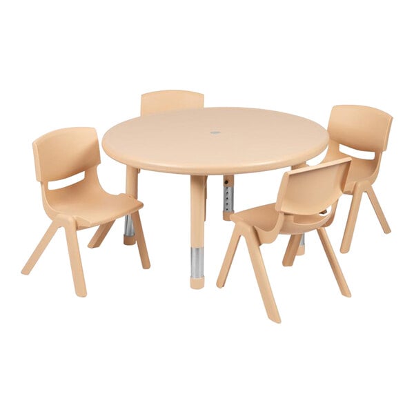 A Flash Furniture natural plastic round preschool activity table with 4 chairs.