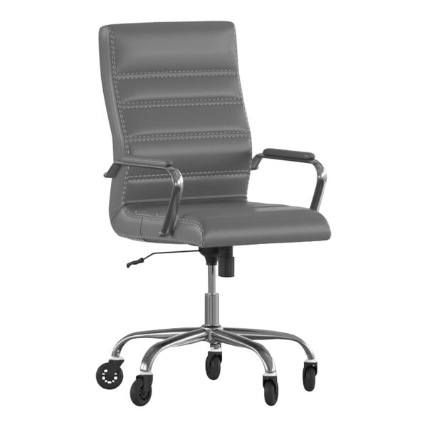A Flash Furniture grey leather office chair with chrome wheels and metal arms.