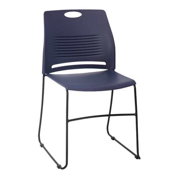 A Flash Furniture navy blue stack chair with black legs.