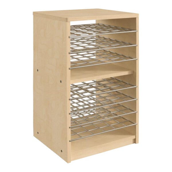 A Flash Furniture wooden 8-shelf multi-purpose storage unit with metal grid shelves.