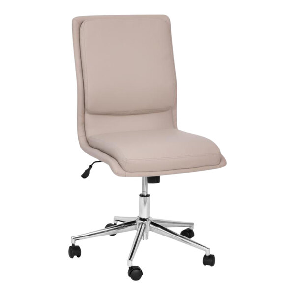 A Flash Furniture taupe leather office chair with chrome wheels.