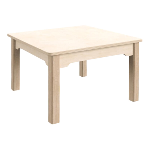 A white square wooden table with legs.