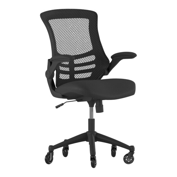 A Flash Furniture black mesh office chair with flip-up arms.