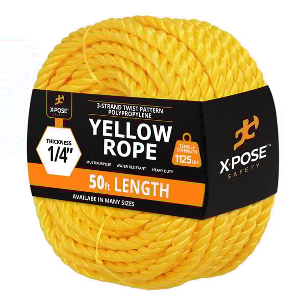 A 50-foot long, 1/4-inch thick yellow polypropylene rope from Xpose Safety.