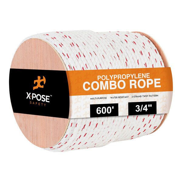 A roll of Xpose white and red polypropylene combo rope with a label.