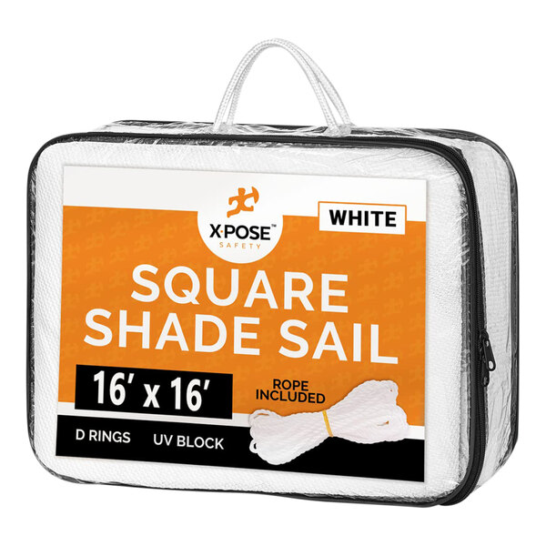 A white square Xpose Safety shade sail in a white bag with an orange label.