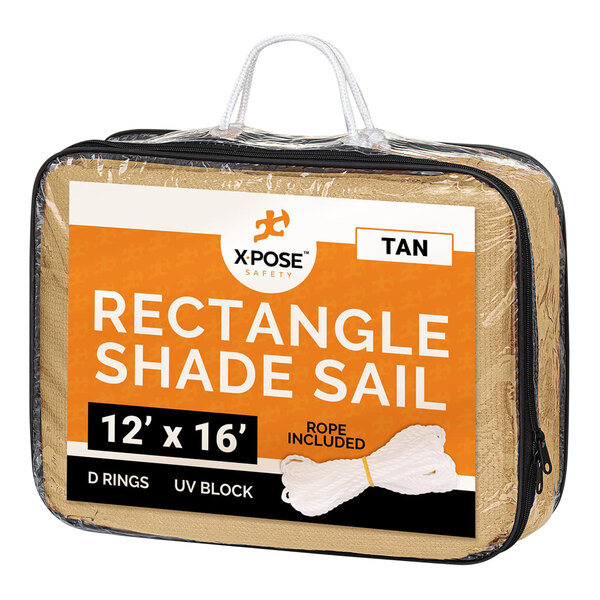 A tan rectangular Xpose Safety shade sail in a plastic bag.