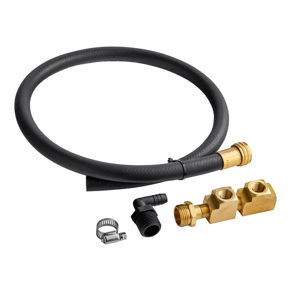 A black hose with brass fittings and a hose connector.