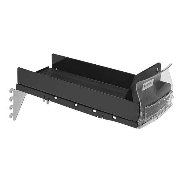 A black metal tray with a black plastic insert and a metal pusher system.