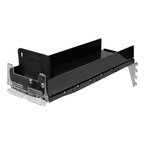 A black plastic container with a clear holder containing Retail Space Solutions SpaceGrid II pusher systems.