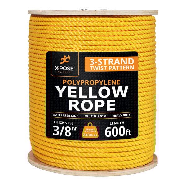 A large spool of yellow 3/8-inch polypropylene rope, 600 feet in length, with a 3-strand twist pattern.
