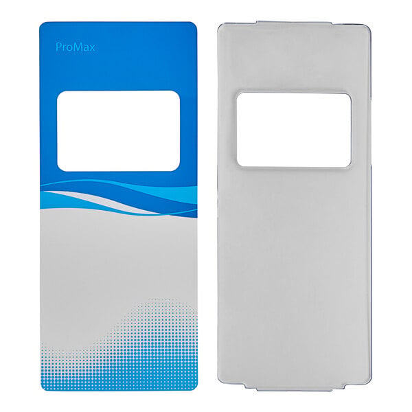 A blue and white rectangular cover with a white rectangular window and a blue wave pattern over a white background.