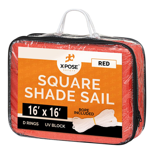 A white bag with a white label containing a red Xpose Safety square shade sail.